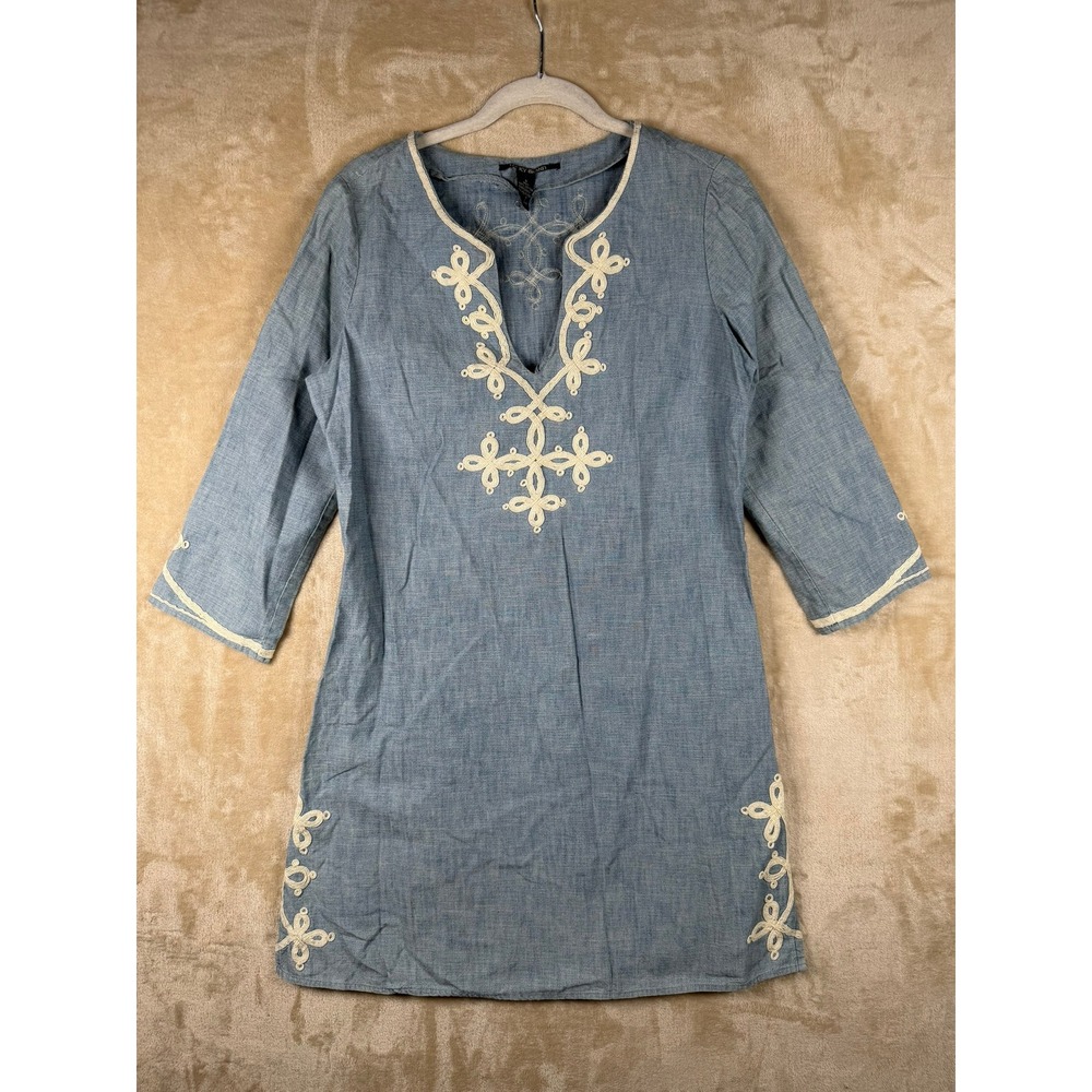Lucky Brand 3/4 Sleeve Embroidered Blue Chambray Tunic Dress Sz S Boho Festival